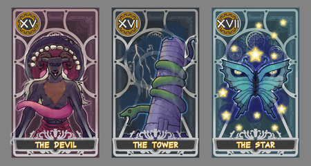 53403521 - tarot card illustration set. suit of the devil, suit of the tower and suit of the star with clipping path.